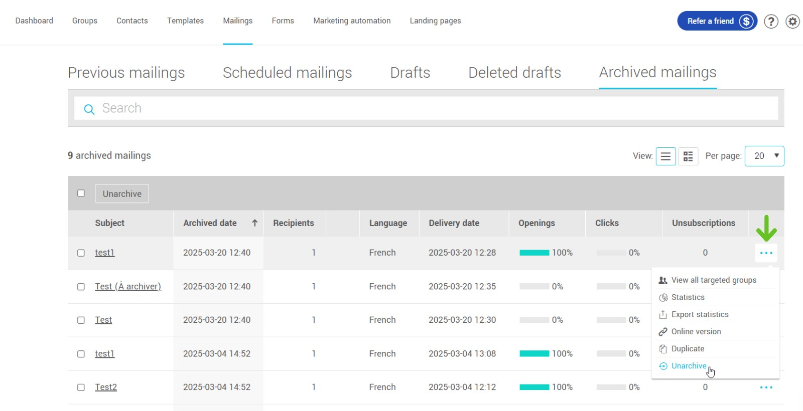 Unarchive a mailing